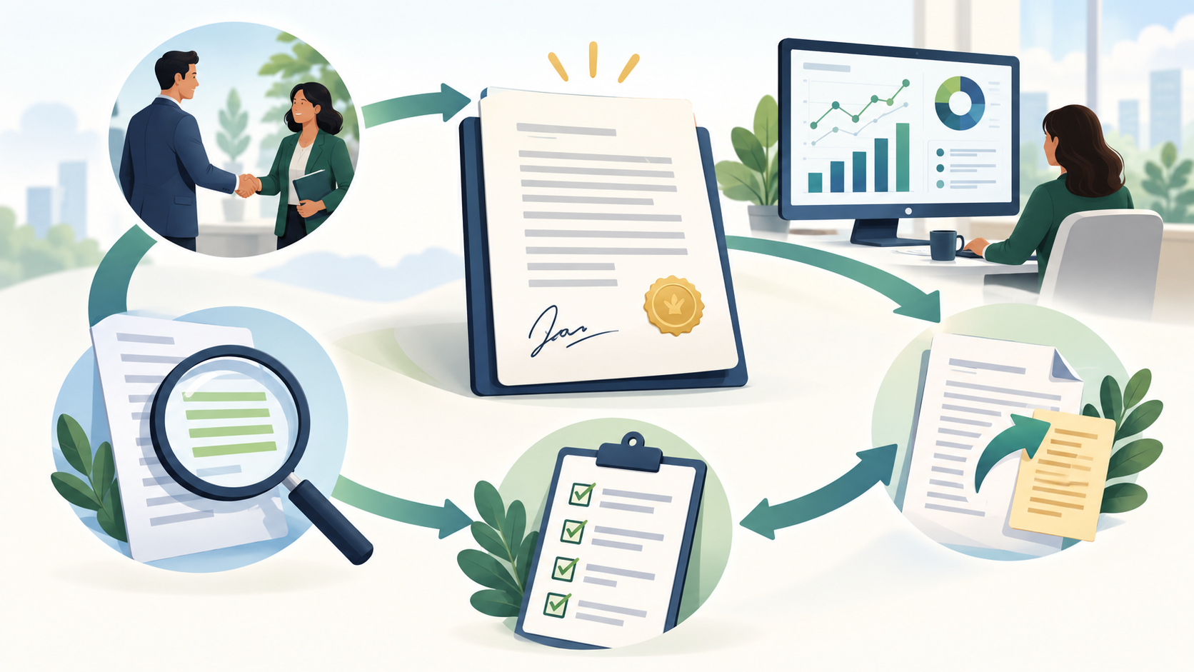 Illustration of the contract lifecycle, showing contract award, performance monitoring, document review and ongoing management.