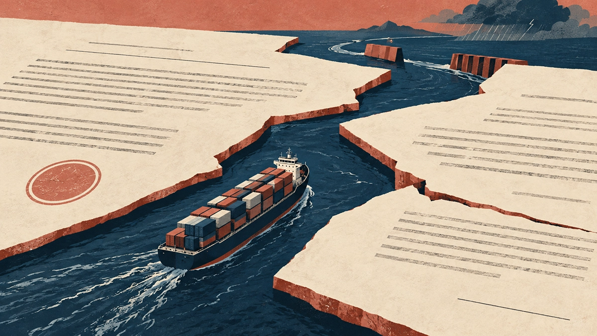 A container ship navigates a fractured contract, with barriers and storm clouds representing disruption to global trade.