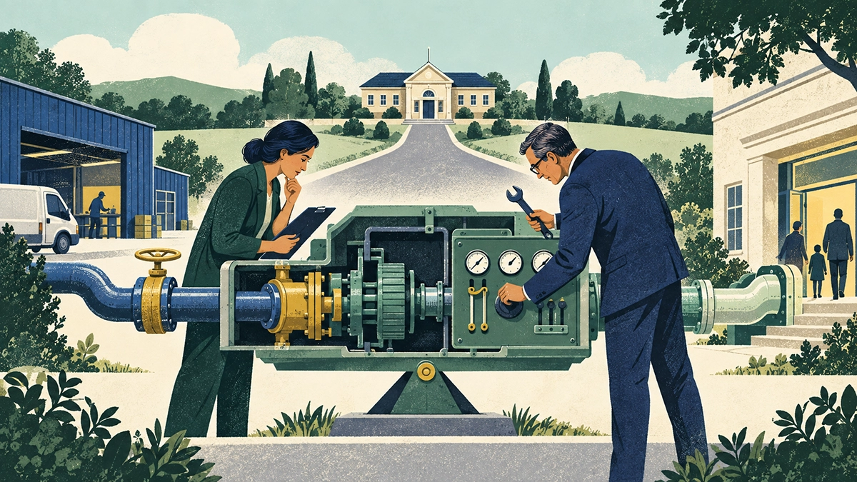 A contract manager and public official inspect a service mechanism connecting an external supplier to a public service, weighing the sourcing choice alongside contract performance.