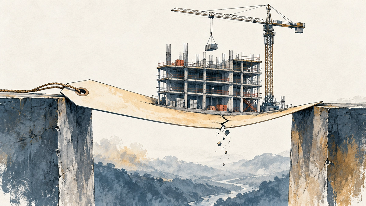An unfinished building rests on a bending, cracked price tag, illustrating the risks of unrealistically low construction bids.
