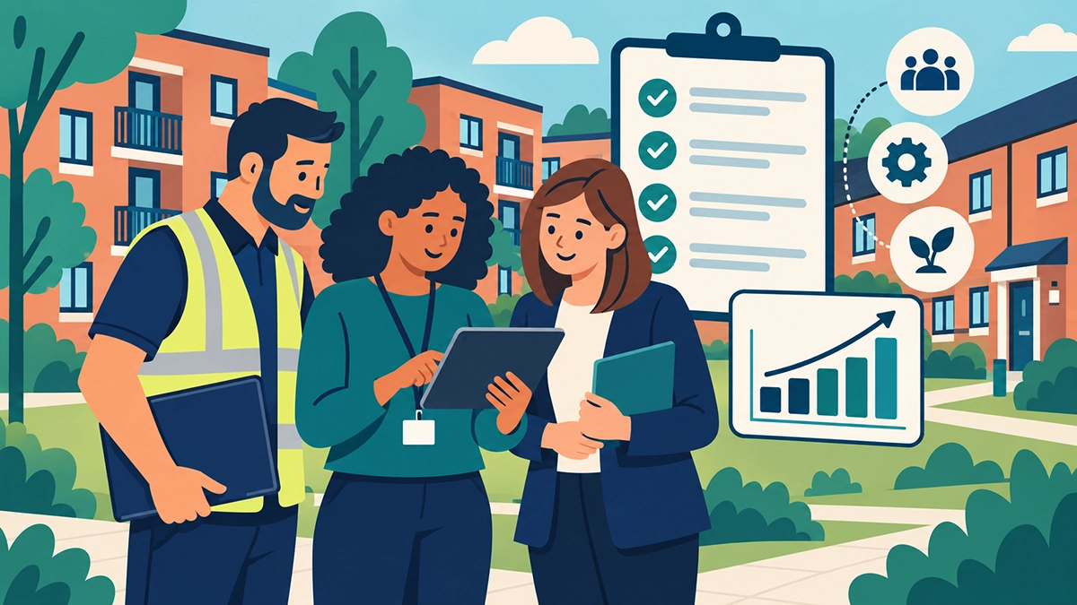 Housing and maintenance professionals reviewing a tablet in a social housing neighbourhood, alongside a checklist and performance chart.