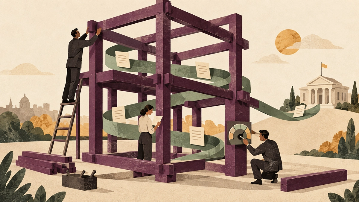 Professionals maintain an open framework, reviewing supplier documents and monitoring performance as contracts flow towards a public institution.