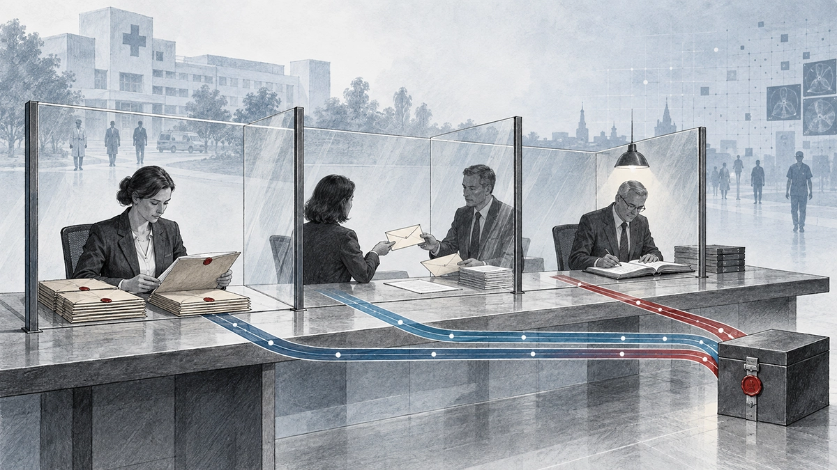 Procurement evaluation, stakeholder communications and independent governance take place in separate glass compartments, with distinct records feeding into a secure audit archive.