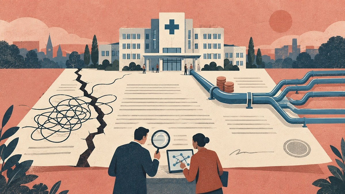 A hospital stands on a contract, with cracks representing governance risks and converging water pipes symbolising purchasing savings, while procurement professionals review the details.