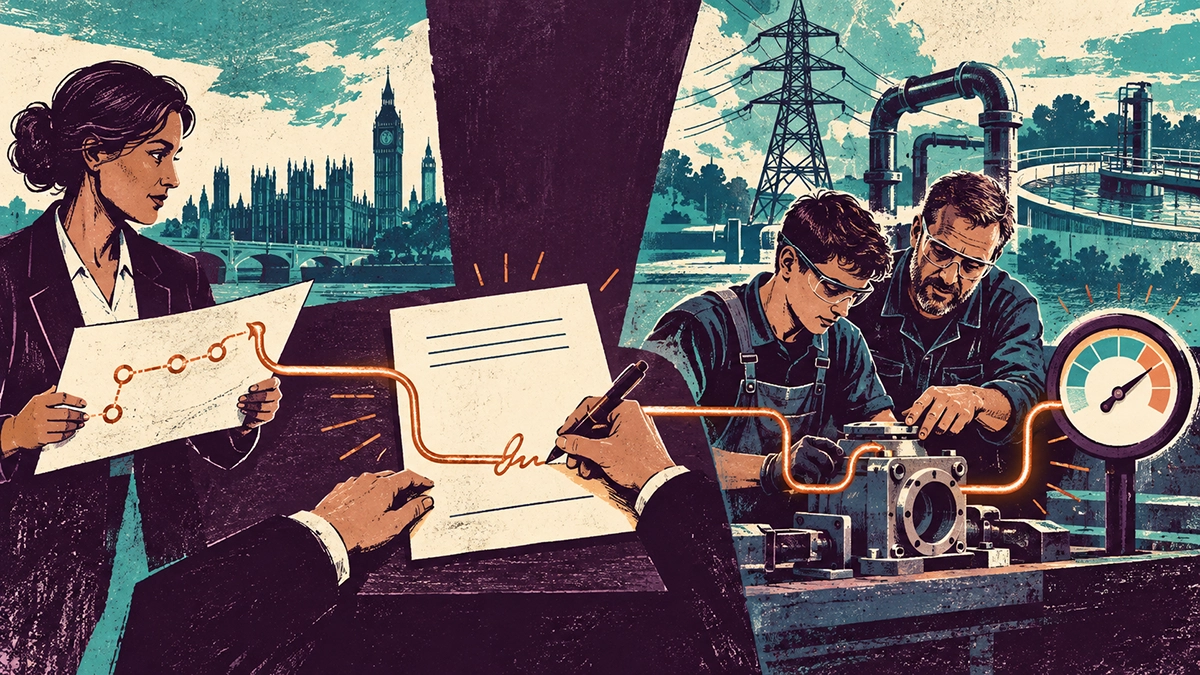 A copper line connects a procurement strategy and contract to an apprentice learning in a manufacturing workshop, ending at a gauge that checks delivery.