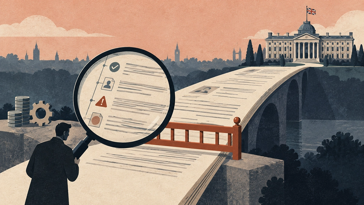 A magnifying glass examines supplier records on a contract-shaped bridge, with a checkpoint guarding access to public-sector opportunities.