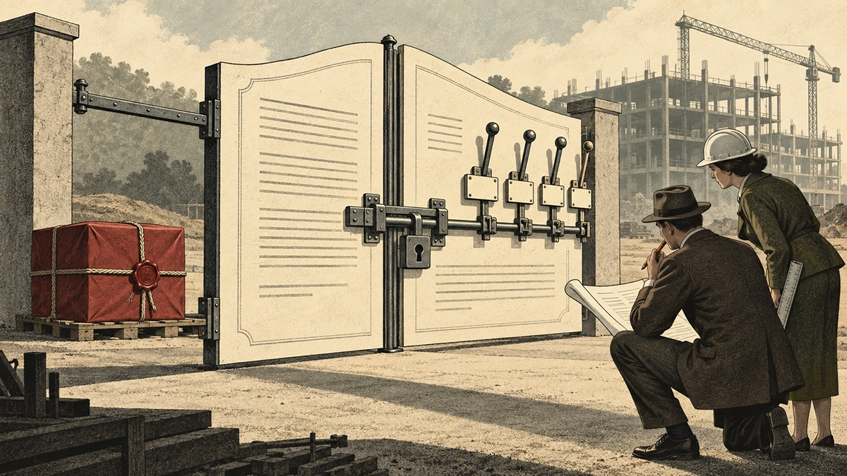 A sealed advance payment sits beside a locked contract-shaped gate while two professionals examine the conditions that would open it.
