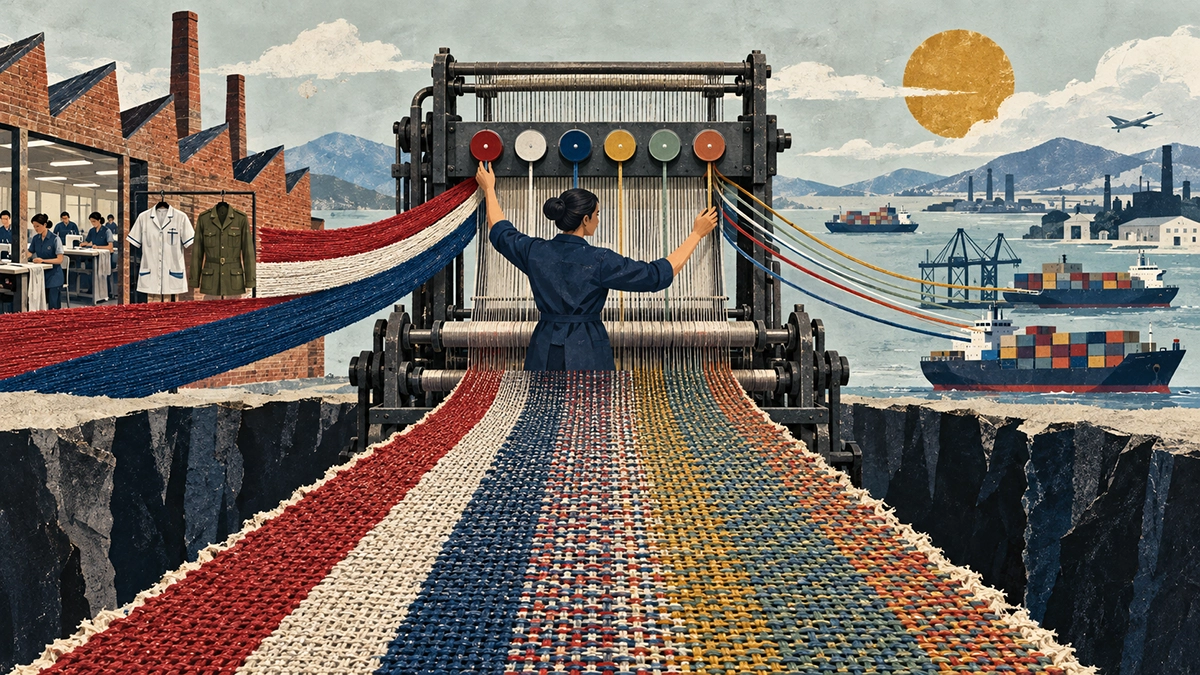 A procurement professional operates a loom that weaves domestic manufacturing and international supply-chain threads into a strong bridge.