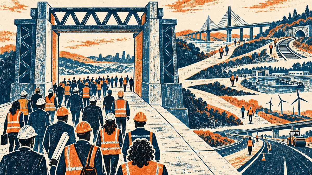 Numerous suppliers enter a civil-engineering framework gateway, while smaller groups compete along separate paths towards future infrastructure projects.